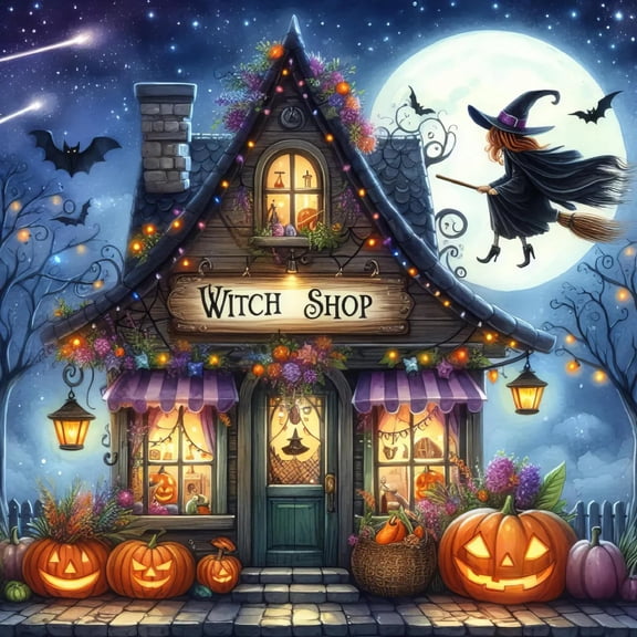 Halloween Witch Shop Diamond Art Painting Kits for Adults Beginners,5D Full Drill DIY Diamond Dot Gem Art for Home Decor 13.8x13.8 inch