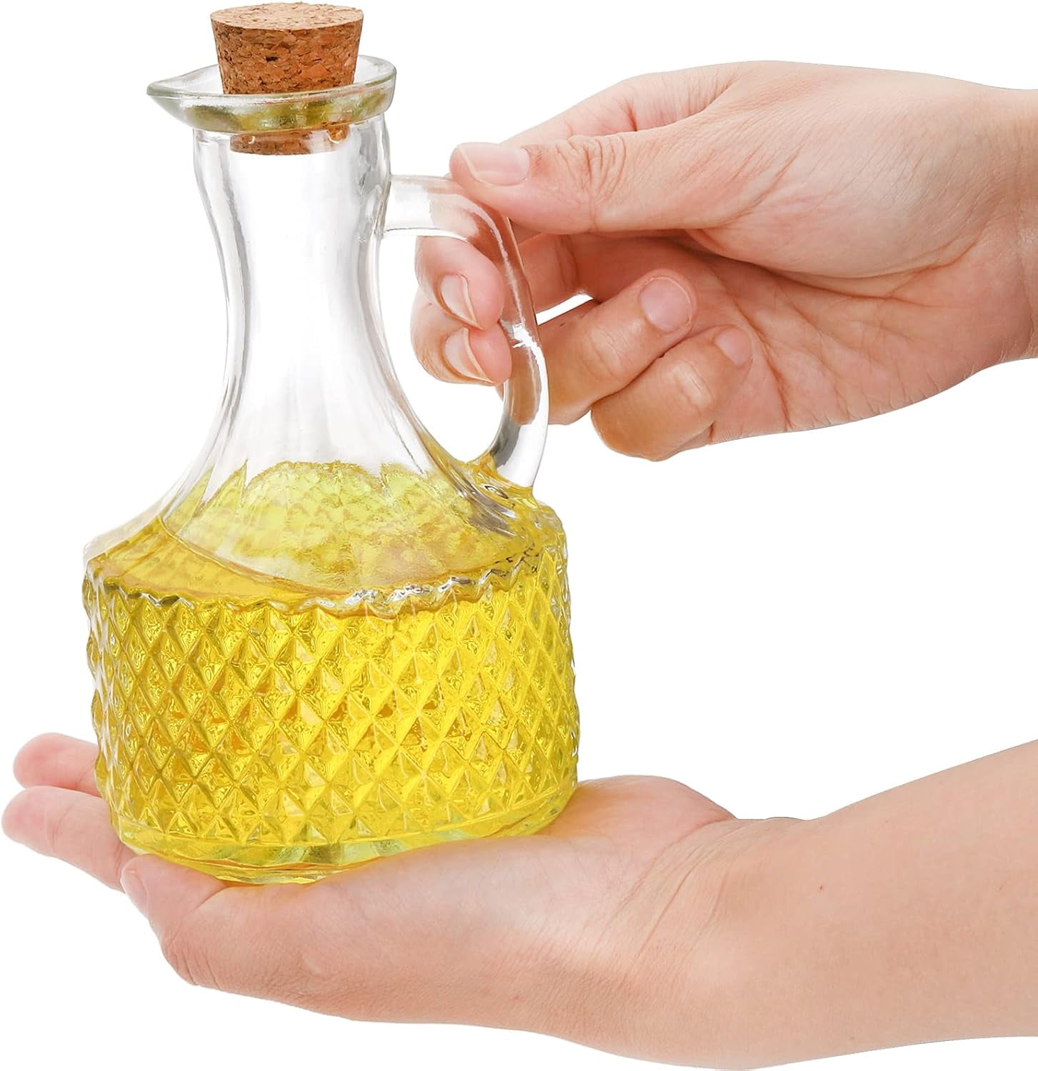 4 Pack Glass Oil and Vinegar Cruets Bottles, 13.5 Ounce Glass Olive Oil Dispenser Bottle with Handle and Cork, Soy Sauce Salad Dressing Syrup Liquid Dispenser for Kitchen