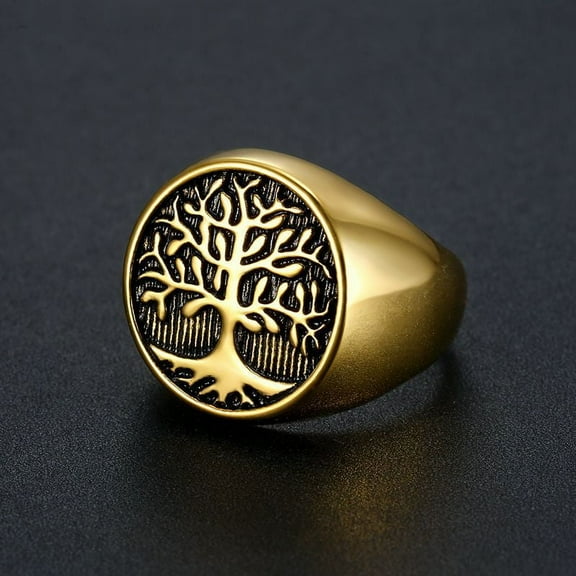 14K Yellow Gold Hip Hop Punk Tree of Life Rings for Men Women Couple Friends Gift Fashion Jewelry