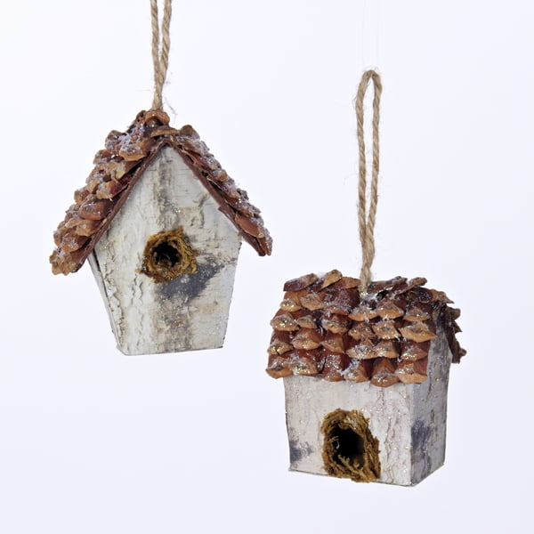 Pack of 12 Birch Wood and Pine Cone Bird House Christmas Ornaments