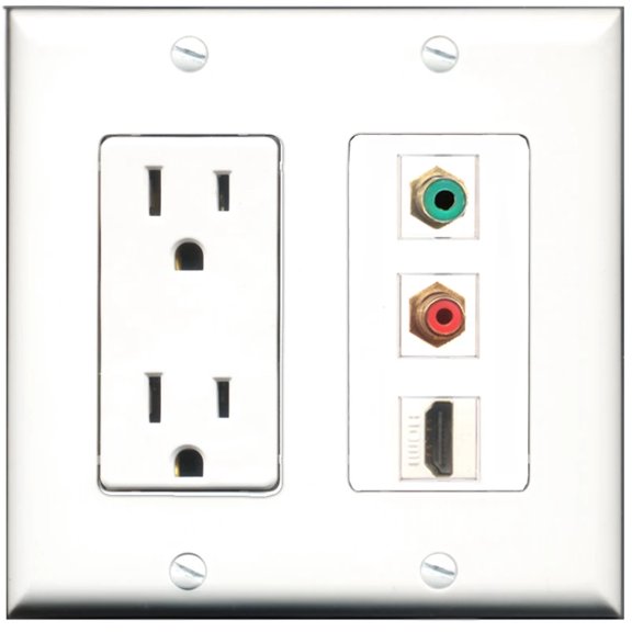 Ultra Spec Cables 15 Amp Power Outlet 1 Port HDMI 1 Port RCA Red 1 Port RCA Green Wall Plate