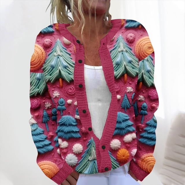 LOVZFMLL Cardigan pour Femmes Décontracté de Noël Imprimé Cardigan Tricoté Veste à Boutons Manteau