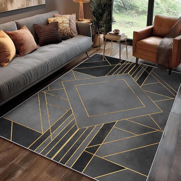 Gray Geometric Area Rugs, Gold Line Contemporary Art Carpet, Minimalist Modern Washable Non Slip Low Pile Soft Rug for Bedroom Living Room Decor Mat 2x3ft