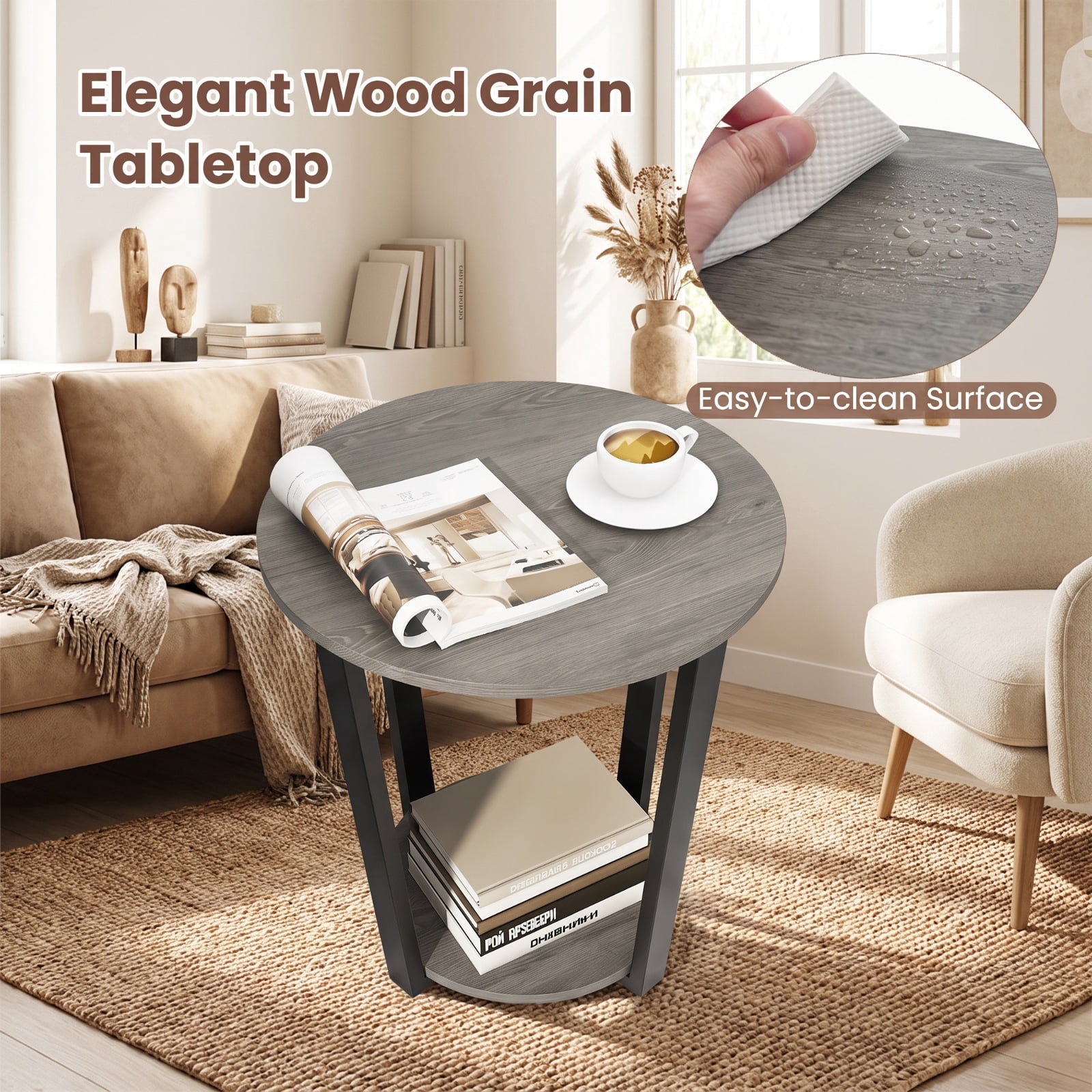 Furnibear 2 Tier Round End Table with Storage Shelf and Metal Frame for Living Room Bedroom and Office Nightstand Side Table, Oak