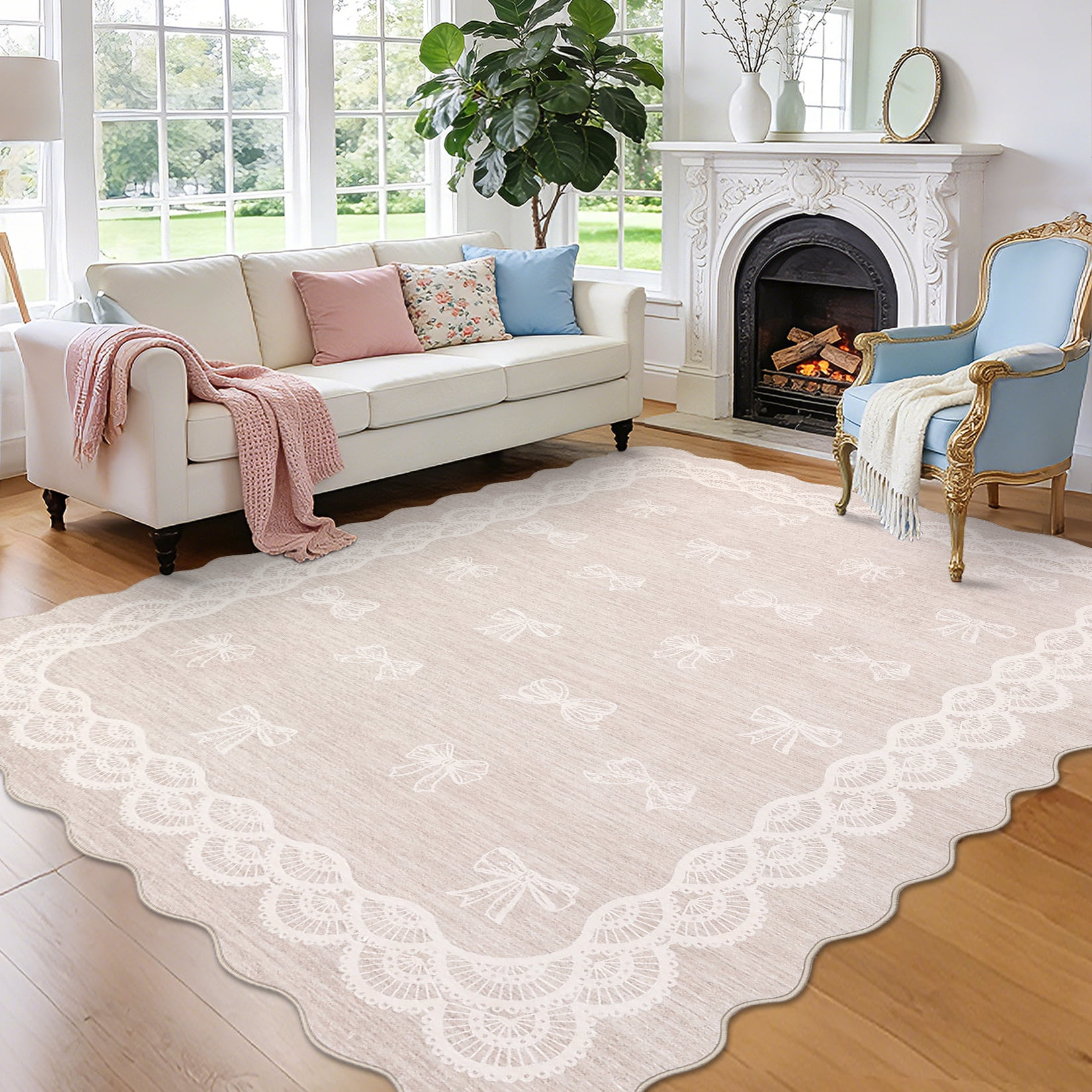 Garvee 9x12 Wave Border Area Rug Coquette Bow Pattern Carpet, Machine Washable Low Pile Rug with Non-Slip Backing for Living Room Bedroom Home Office, Beige
