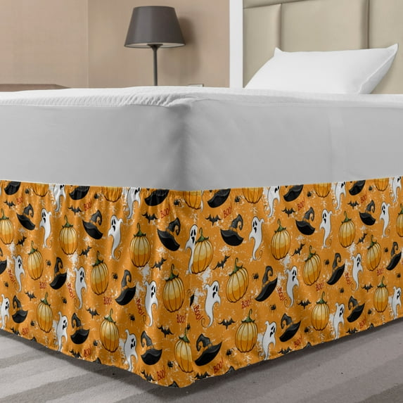 Ghost Bed Skirt, Pattern with Ghost Pumpkin and Wizard Hat on Weathered Orange Background, Elastic Bedskirt Dust Ruffle Wrap Around for Bedding Decor, 4 Sizes, Orange and Multicolor, by Ambesonne