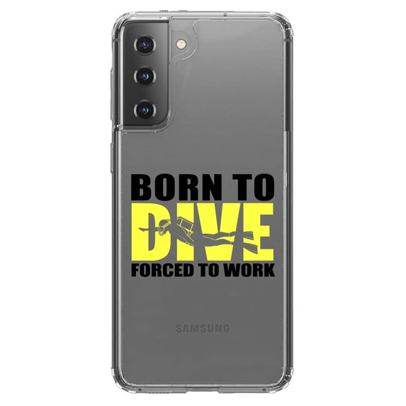 DistinctInk Clear Shockproof Hybrid Case for Galaxy S21 5G (6.2" Screen) - TPU Bumper Acrylic Back Tempered Glass Screen Protector - Born to Dive, Forced to Work