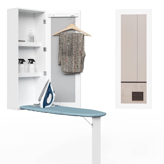Organizedlife Wall Mounted Ironing Board with Storage Cabinet, Foldable Mirror Door Ironing Center with Support Leg, White