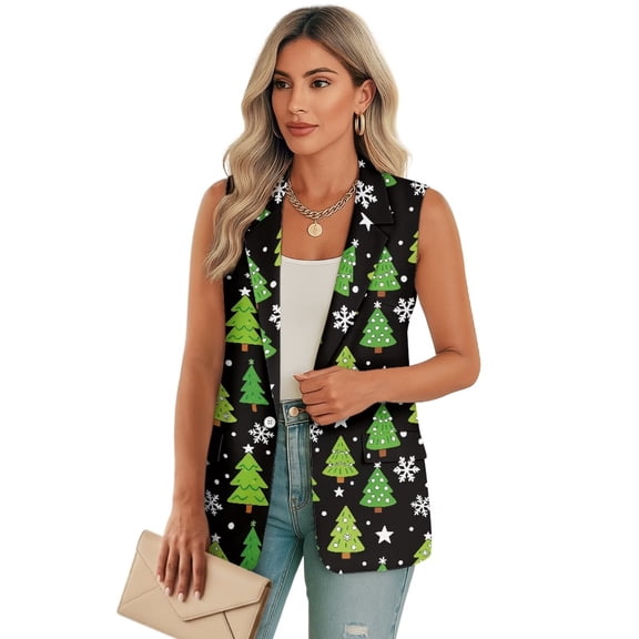 Uorisanigo Christmas Tree Snowflake Womens Vest Waistcoat Size 3XL Sleeveless Women's Suit Vest with Pockets V Neck Button Down Waistcoat Vests Elegant