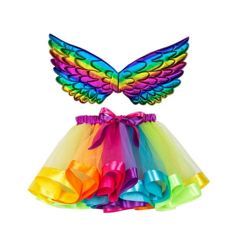 

XINSHIDE Kids Girls Dress Ballet Skirts Party Rainbow Tulle Dance Skirt With Wing Outfits Baby Clothing