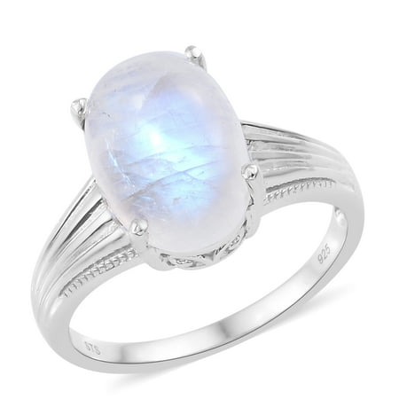 Oval Genuine Moonstone Ring - Solitaire Ring 925 Silver Platinum Plated Rainbow Moonstone