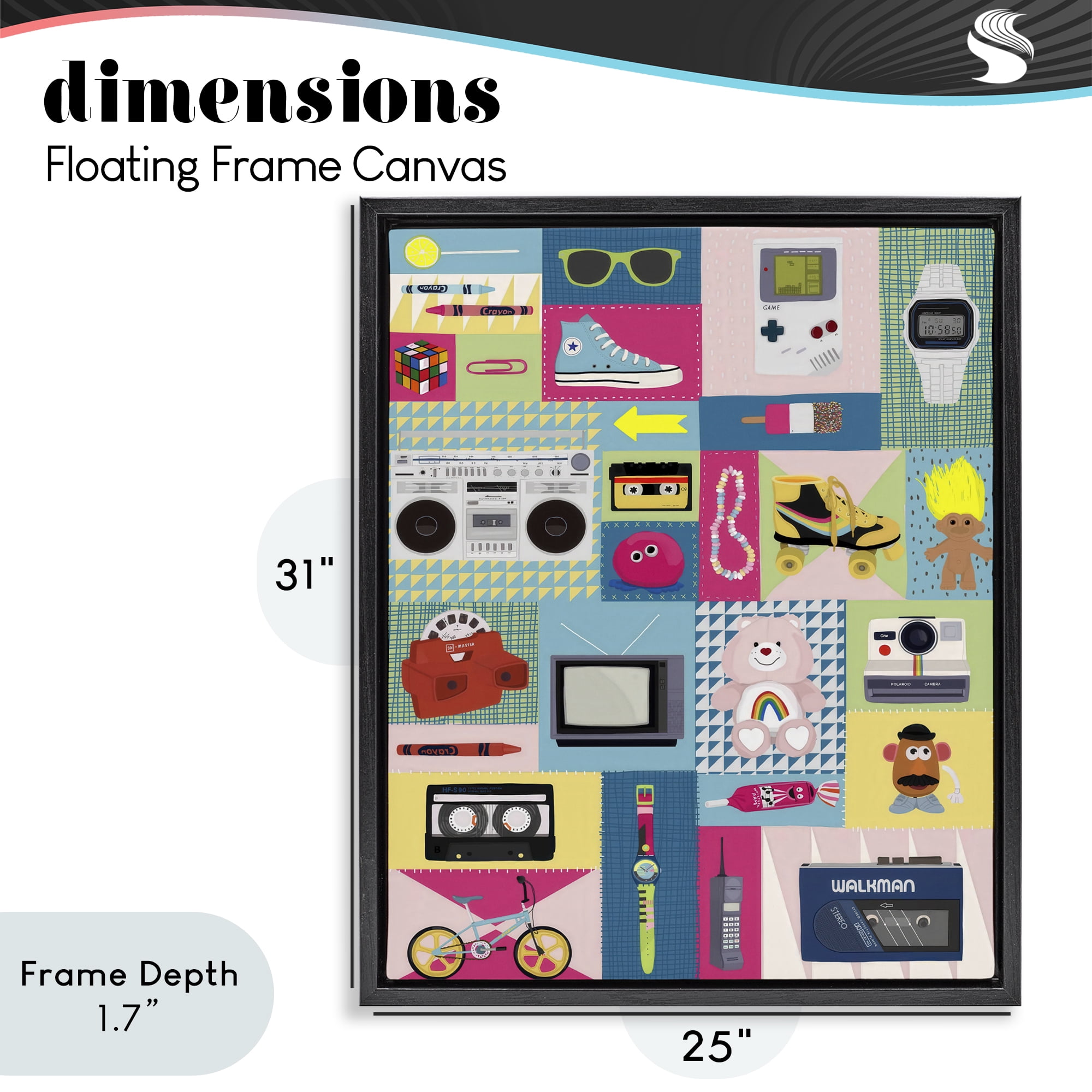 Stupell Industries Retro 80's Patchwork Collection Black Framed Floater Canvas Wall Art, design by Hanna Melin