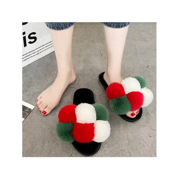 UKAP Womens Winter Slippers Color Block Fuzzy Slipper Open Toe Fluffy Slides Daily Flats Warm Shoes Green 7 7.5