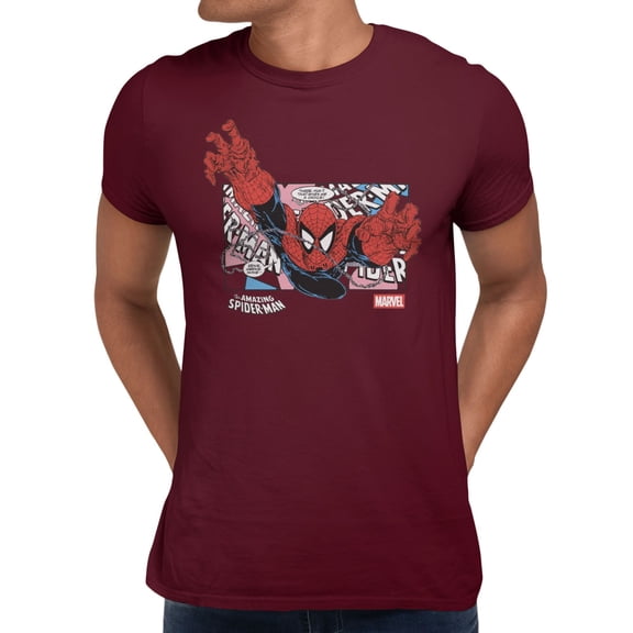 Marvel Comics Retro Spider-Man Action Pose Vintage Men's T Shirt (Maroon, S-XXXL)