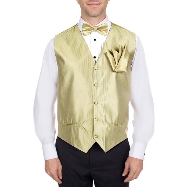 Men's Solid Fomal Vest, Bow Tie, & Hanky Light Olive for Tuxedo and Suit