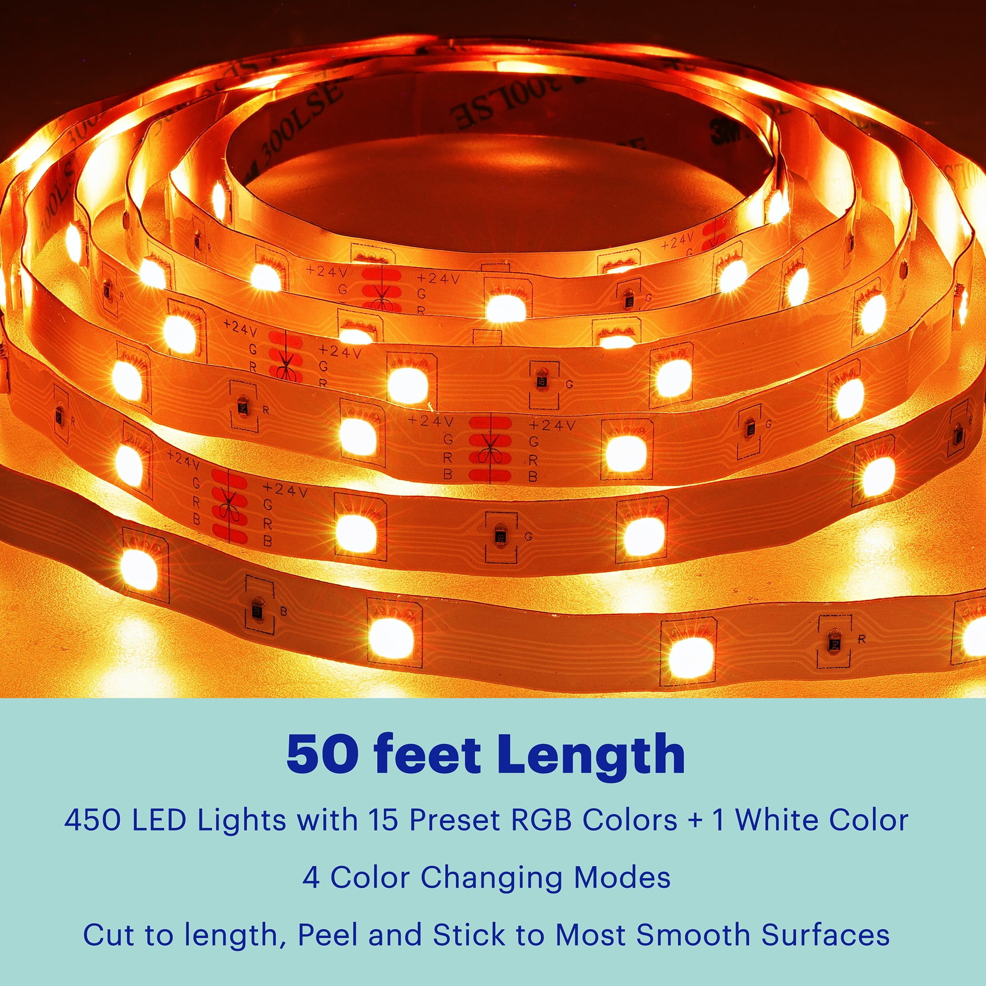 onn. Multicolor LED Light Strip 50ft, Indoor Television Accent Light, Remote Control