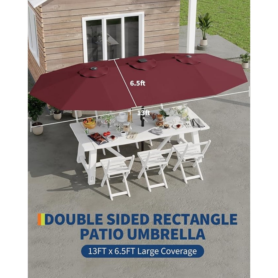 13FT Outdoor Umbrellas for Patio, Double-Sided Rectangular Patio Umbrella Market Umbrella with Base Waterproof and Windproof Fade Resistant Canopy for Deck Pool Garden Backyard