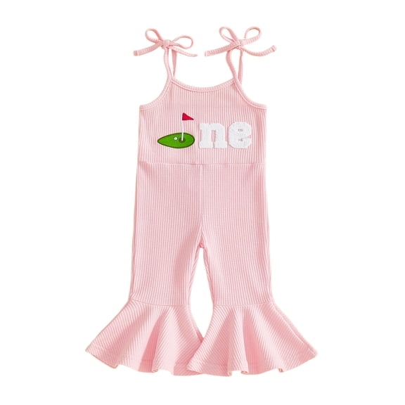 BemeyourBBs Infant Baby Girls First Birthday Golf Outfit One Years Old Romper Spring Summer Clothes Tie-up Spaghetti Straps Embroidery Letters Jumpsuit
