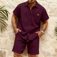 thumbnail image 3 of Havenx Mens 2 Piece Summer Beach Outfits Short Sleeve Waffle Knit Set Button Down Texture Lapel Collar Outfit with Pocket Casual Fashion Summer Vacation Clothing,Wine 2XL, 3 of 5