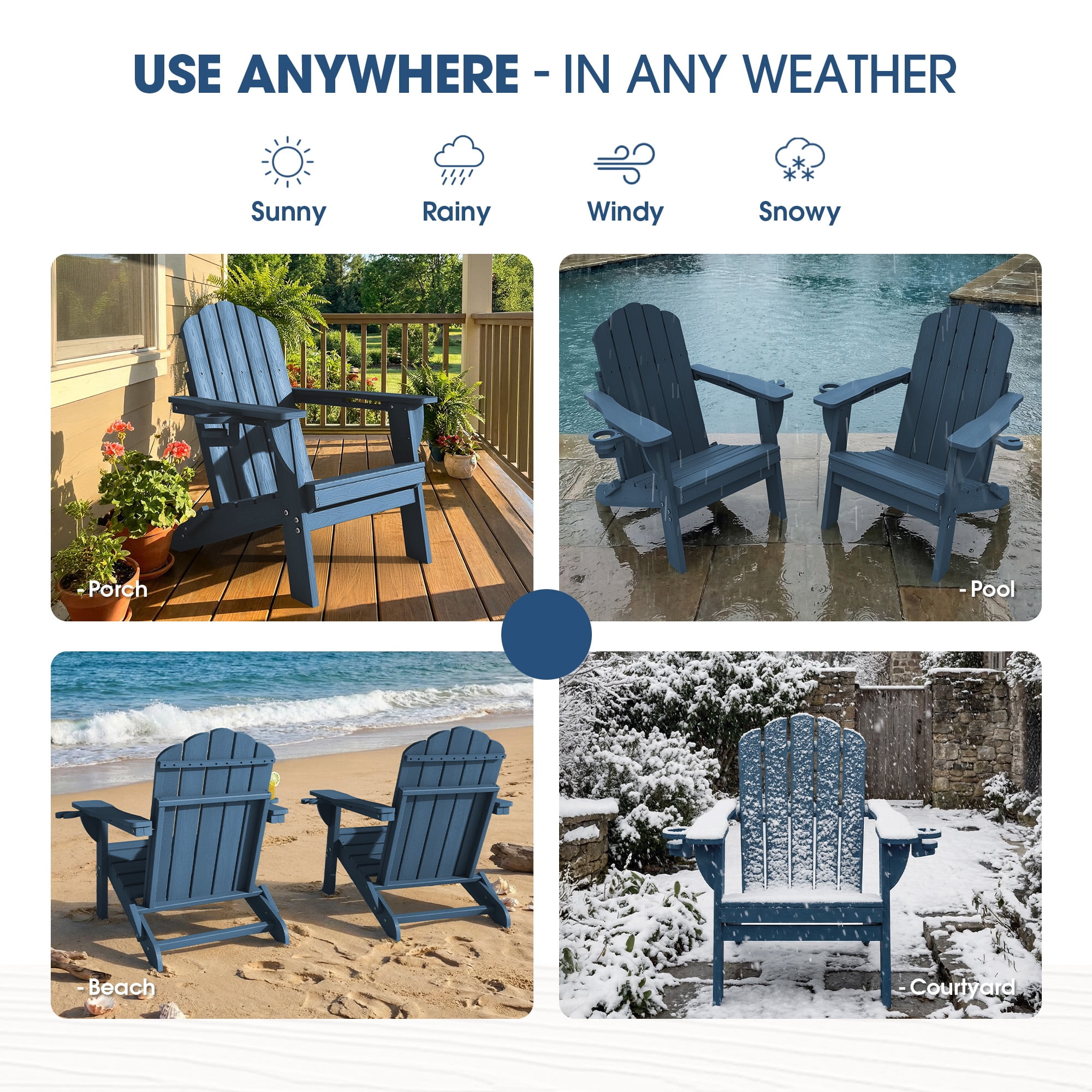 Folding Adirondack Chair, All-Weather HDPE Plastic Patio Fire Pit Chair, Navy