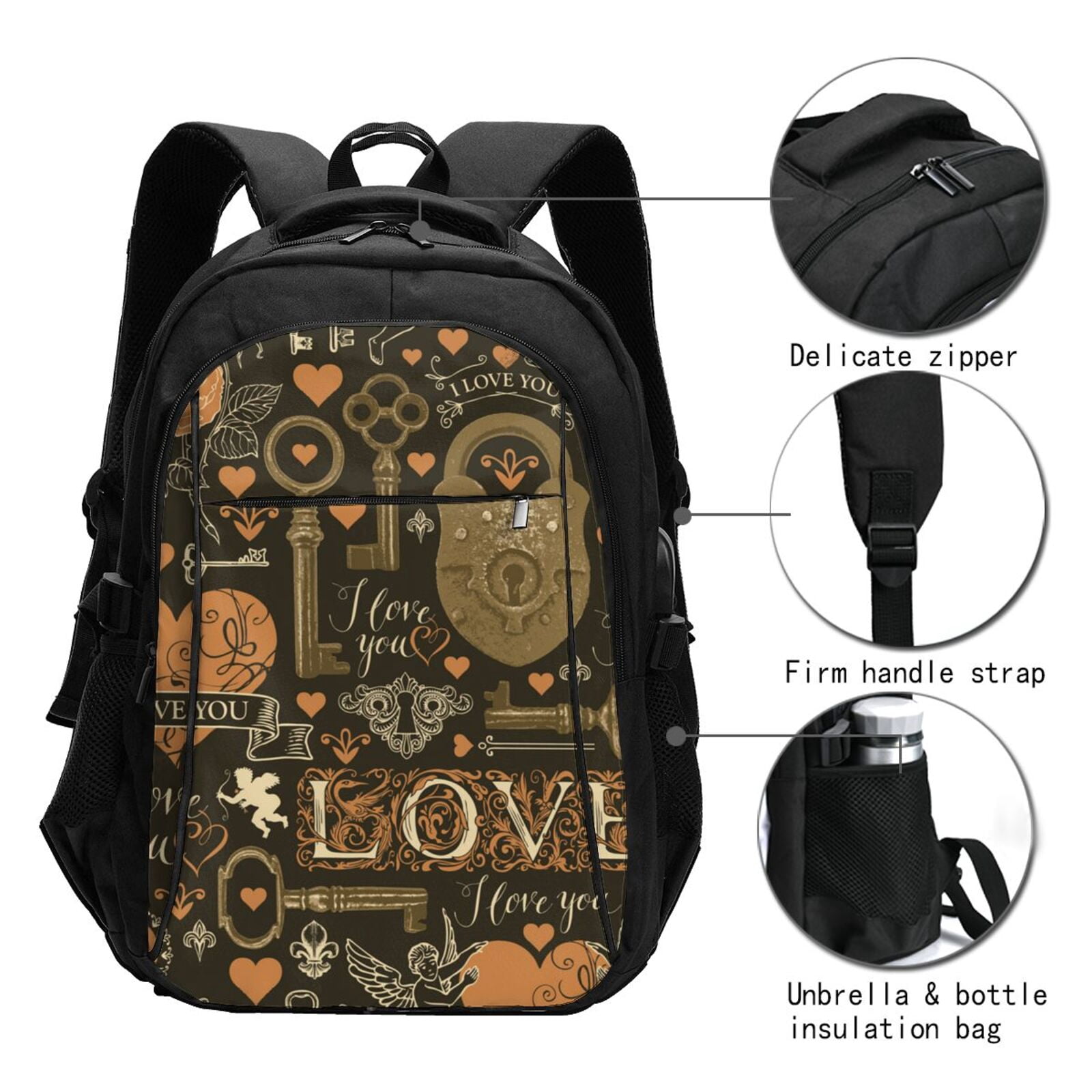 Love Hearts Old Keys Vintage Laptop Backpack with USB Charging Headphone Port Casual Daypack Bag College Business Travel