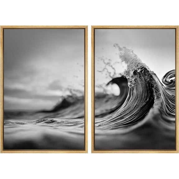 IDEA4WALL Framed Canvas Print Wall Art Set Bold Black Abstract Curves Dynamic Illustration Brush Strokes Pattern Modern Digital Art Wall Decor Minimal Cool for Home Decor - Natural 24"x36"x2