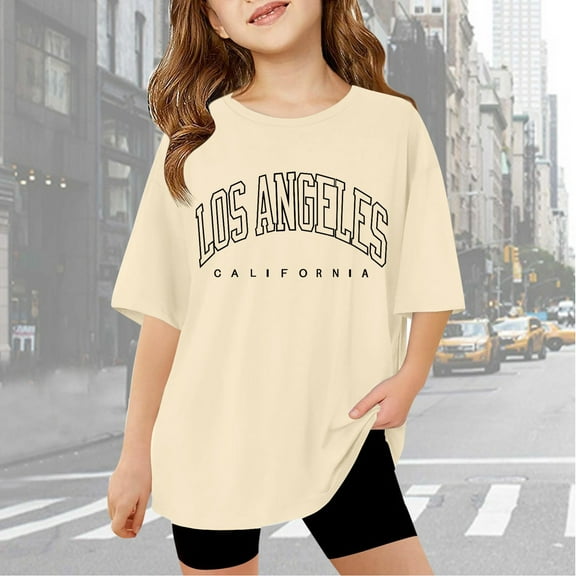 OOOUM Girls Short Sleeve T-Shirts Crewneck Letter Graphic Casual Basic Tees Baggy Comfortable Summer Shirt Top Beige 11-12 Years