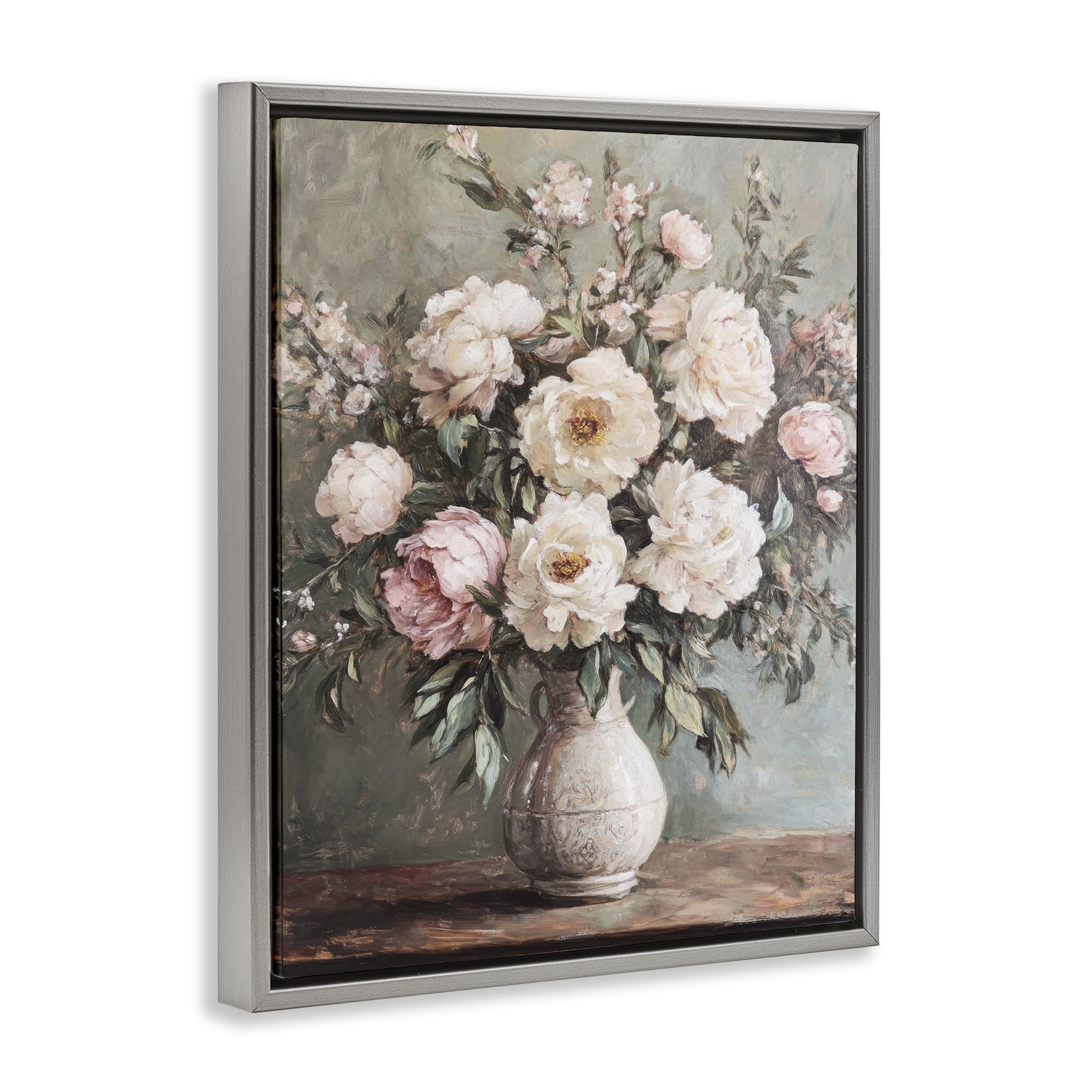 Stupell Industries Pink Peonies Ornate Vase Plants & Flowers Painting Gray Floater Framed Canvas Art Print Wall Art, 17 x 21