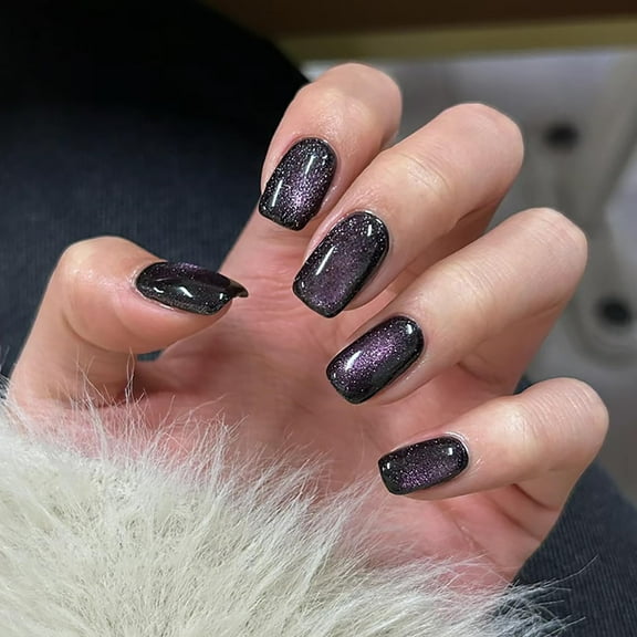 24 Pcs Dark Purple Press on Nails Short Square Cat Eye Gel Polish Fake Nails Solid Color Designs Full Cover False Nails Glossy Acrylic Nails Stick on Nails for Women and Girls Cat Eye Gel Nail Polish