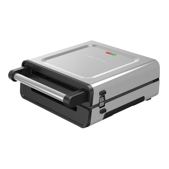 Open Box George Foreman 46 Serving Electric Indoor Grill, Contact Smokeless Grilling with Removable Plates and Drip Tray, Stainless Steel Housing
