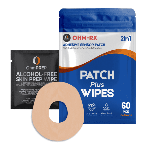 OhmRx Dexcom G7 & Stelo Tan Adhesive Patches OHM PREP Skin Prep Wipe – Waterproof, Hypoallergenic, Pre‑Cut, 25‑Pack Combo