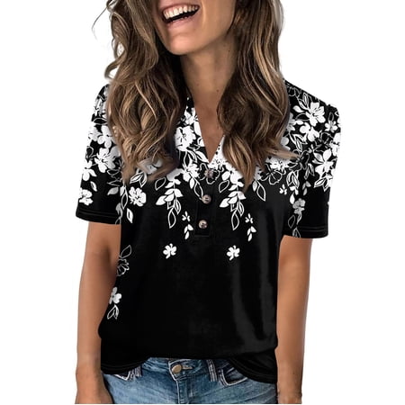 NAMTYQX Womens Spring Tops 2025 Casual Short Sleeve Soft Button V Neck Comfort Trendy Plus Size Loose Fit Black Size M