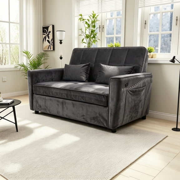 Vinform 3-in-1 Convertible Sleeper Sofa Bed, Loveseat for Small Spaces with Nailhead Trim, USB Ports, Black