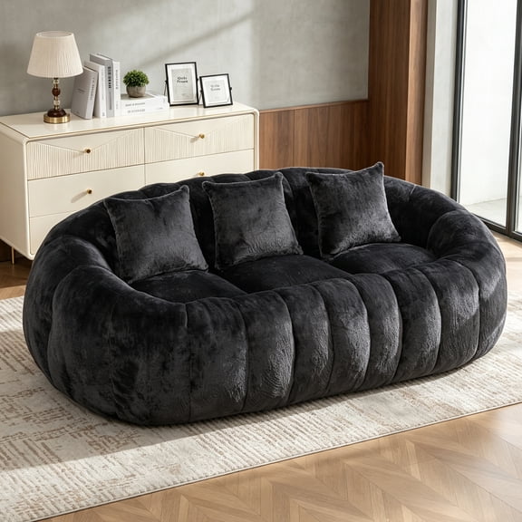 Arouseden 74.8" Floral Shaped Sofa with 3 Pillows,Black Bubble Sofa Couch with Deep Seating, 2 Seat Faux Fur Couch,Boneless Loveseat for Living Room