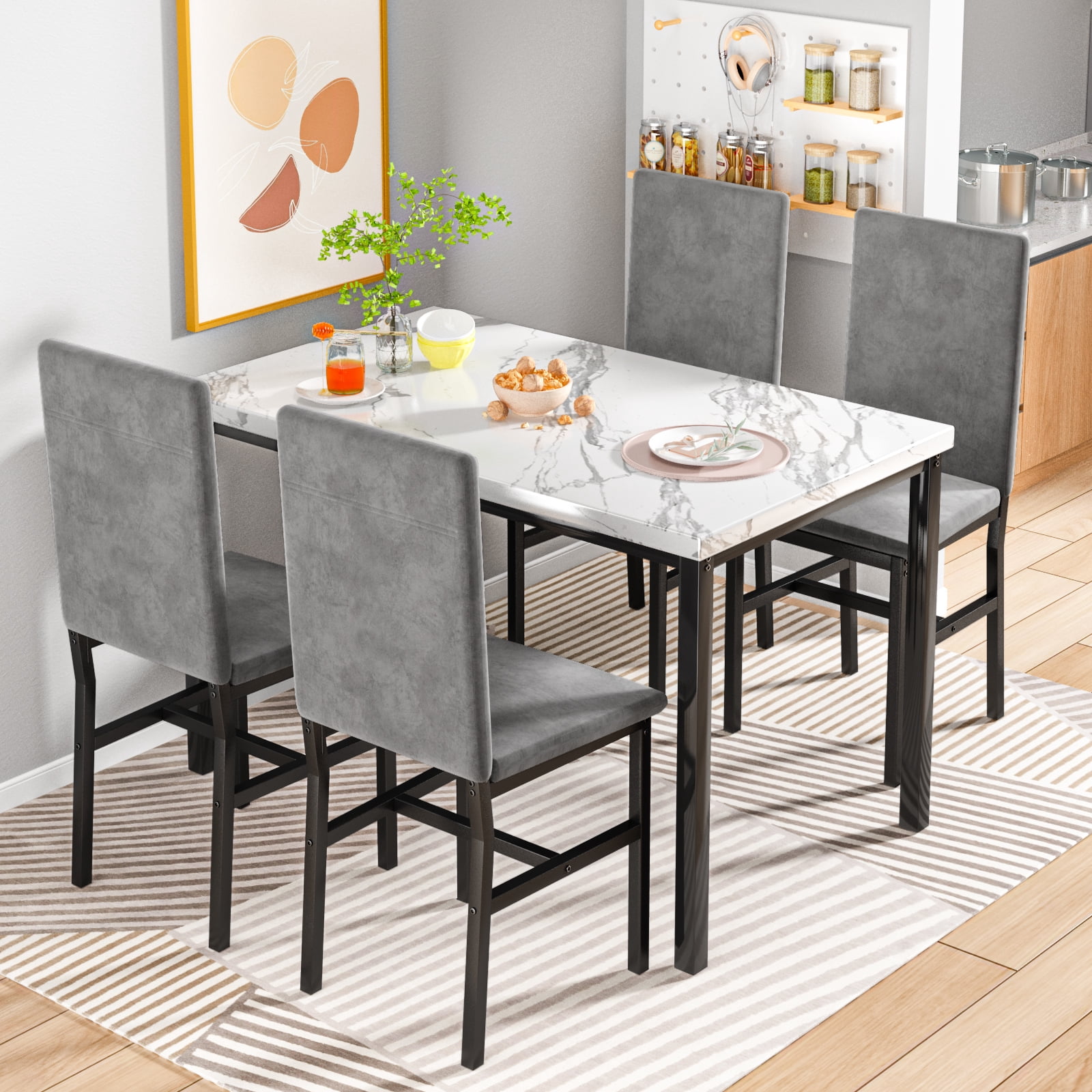 Cvortll 5 Pieces Dining Room Table Set for 4, Space Saving Kitchen Table and Chairs , Set with 4 Upholstered PU Leather Chairs and Faux Marble Tabletop, Gray + White