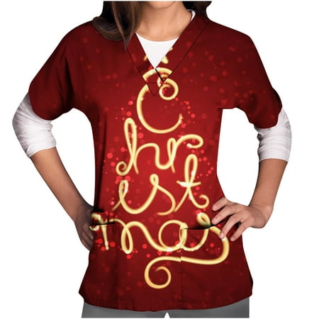 

CYMMPU Short Sleeve Scrub_Tops with Pockets Clearance Women s Shirts Nurse Christmas Uniform Workwear Fashion Retro Trees Printing Trendy Clothing V-Neck Working Uniform Summer Tunic Red L