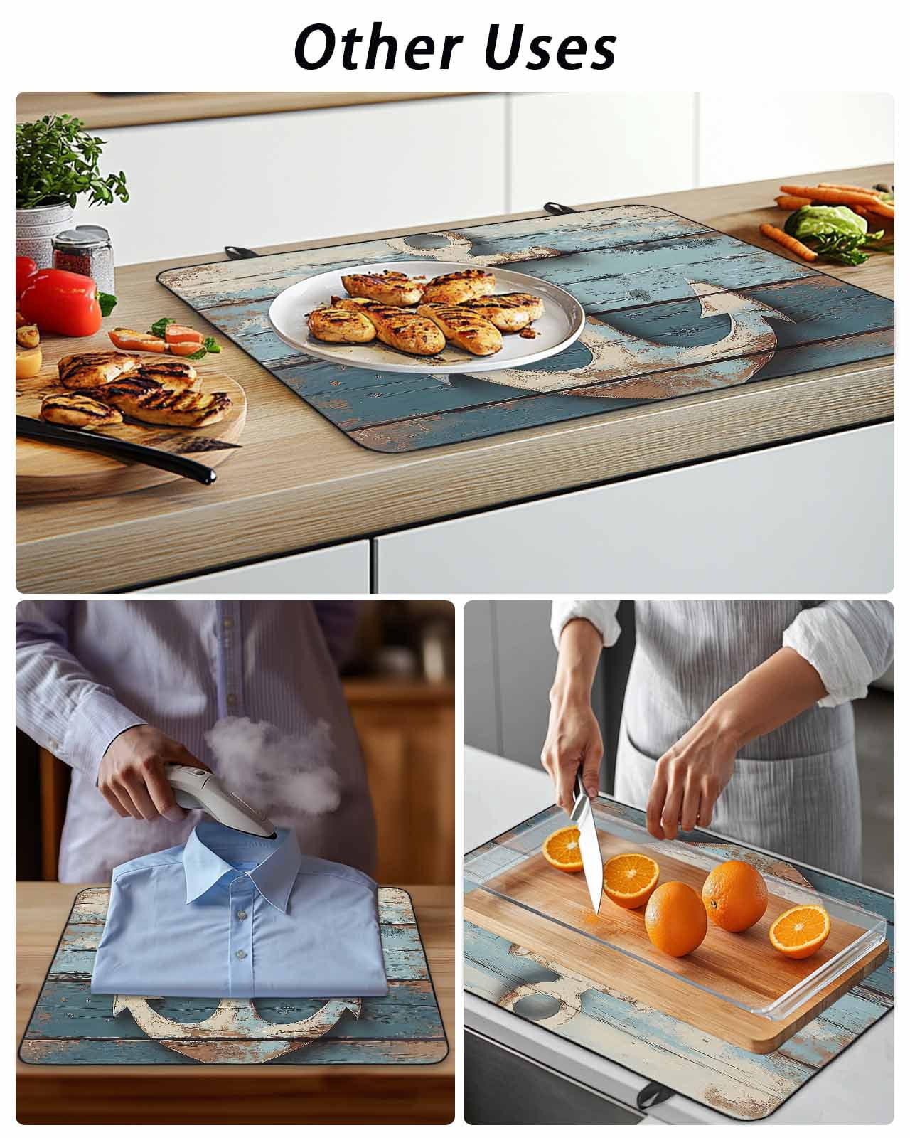Nautical Anchor Stove Top Covers for Electric Stove, 28'x20'' Vintage Style Blue Wood Grain Glass Ceramic Stove Cover Foldable Rubber Mat Heat Resistant Cooktop Protector for Kitchen