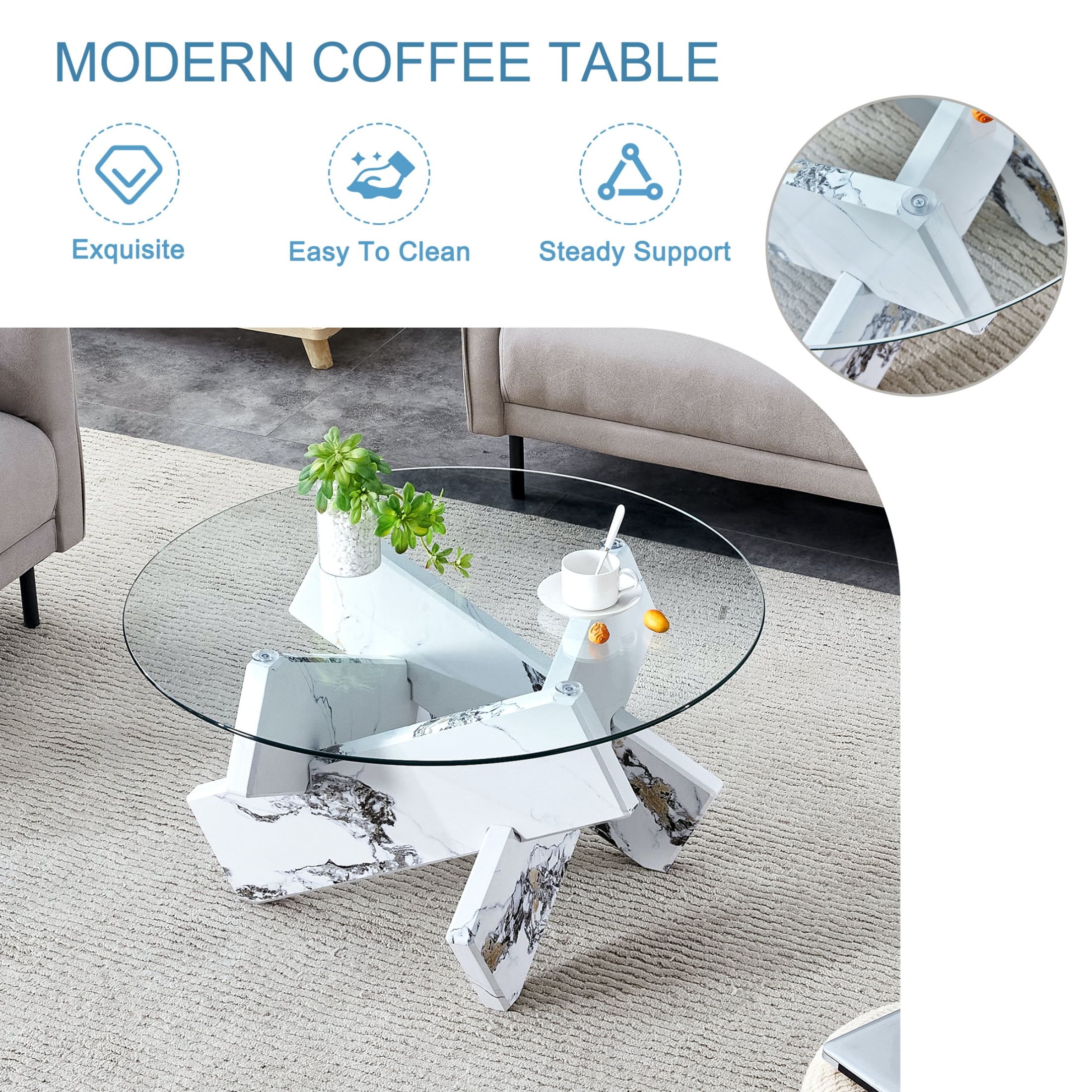Vinform Round Coffee Table for Living Room, Transparent Glass, White