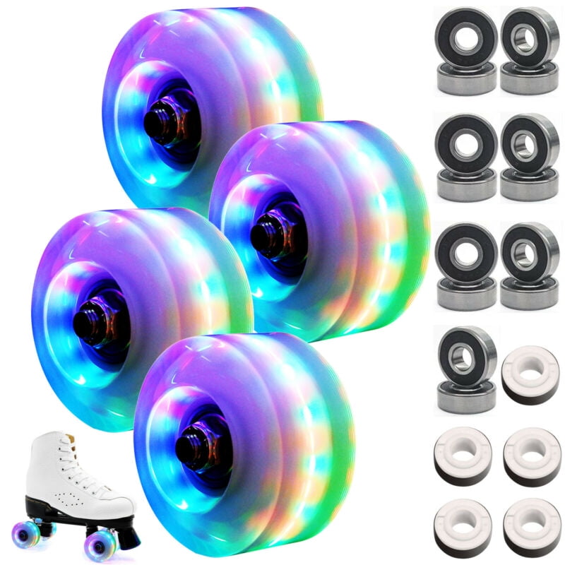 4PCS Luminous Light Up Quad Roller Skate Wheels W/ BankRoll Bearings Installed 