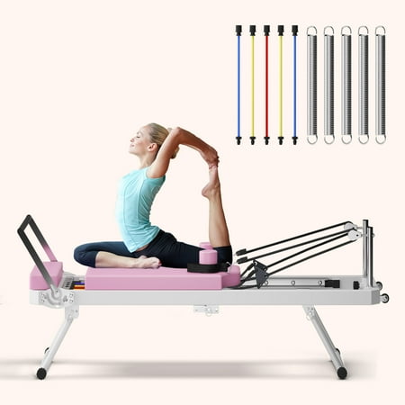 SogesPower Foldable Pilates Reformer Machine for Home Use, Pilates Reformer Machine Equipment with Springs & Colourful Elastic Cords, Foldable Pilates Equipment for All Level Users, Up to 330lb, Pink