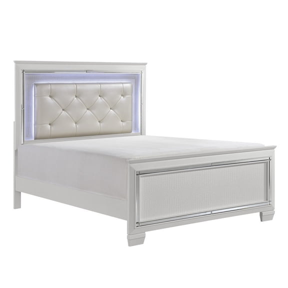 Queen Bed with Crystal Tufted Headboard - Modern White Faux Leather Bedroom Set