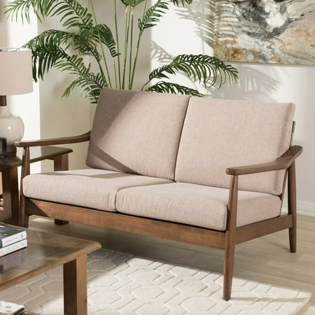 Baxton Studio Venza Mid-Century Modern Walnut Wood Light Brown Fabric Upholstered 2-Seater