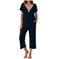 thumbnail image 3 of Scyoekwg Summer Outfits for Women 2 Piece Loose Trendy Sweatsuits Sets Solid Color Short Sleeve V-Neck Crochet Lace Trim Tops Wide Leg Pants Casual Tracksuit (Navy,XL), 3 of 8