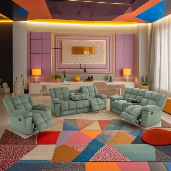 Green Stripe Fabric Living Room Recliner Intelligent 3-Piece Sofa Set