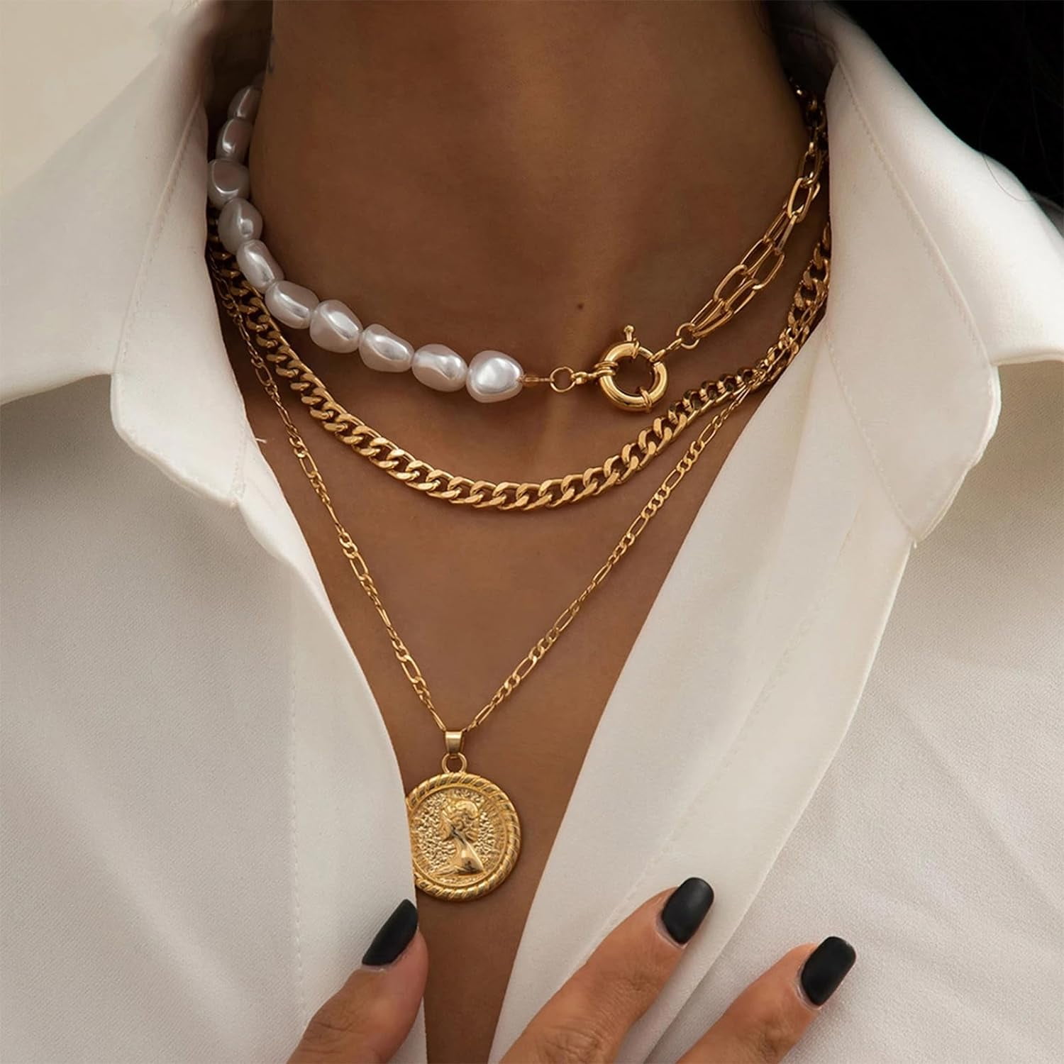 Gold Necklace Stack Boho Layered Necklaces For Women Trendy Pearl Necklaces Christmas Gifts Stocking Stuffers[Z394]