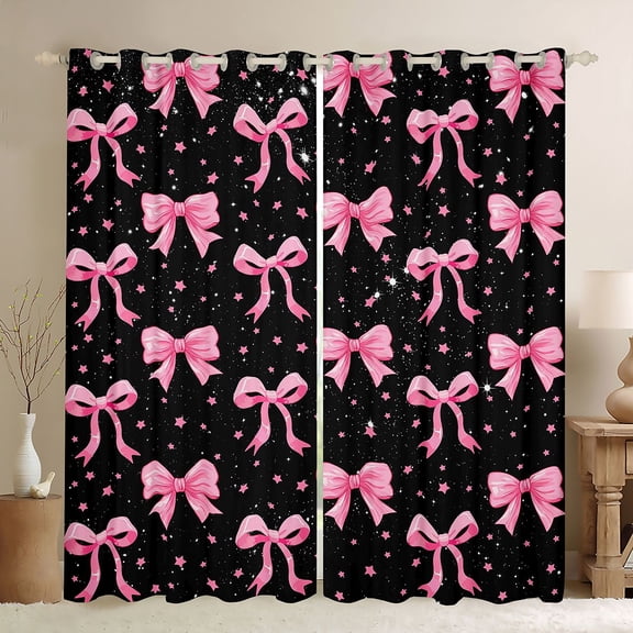 Erosebridal Pink Ribbon Bow Black Out Curtains For Girls,Cute Stars Print Kids Curtains Pack of 2 (42x63 Each)