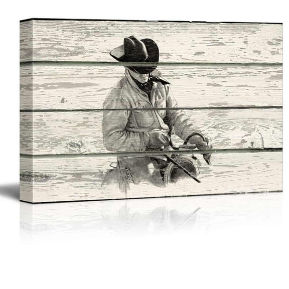 wall26 - Rustic Scene of a Cowboy on His Horse on a Wooden Background - Canvas Art Home Art - 12x18 inches