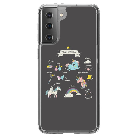DistinctInk Clear Shockproof Hybrid Case for Galaxy S21 5G (6.2" Screen) - TPU Bumper, Acrylic Back, Tempered Glass Screen Protector - Magic Collection Grey - Unicorn, Rainbow