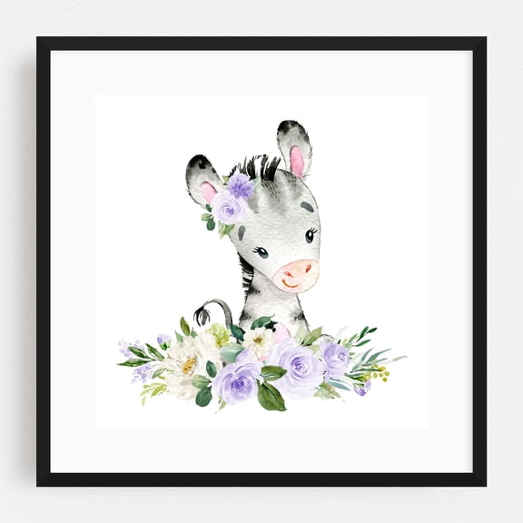 Zebra, Safari Animals, Jungle Animals, Purple Flowers, Gender Neutral Nursery - Illustration Watercolor Animal Floral Whimsical Flowers Black Framed Wall Art Print 16 x 16 inches