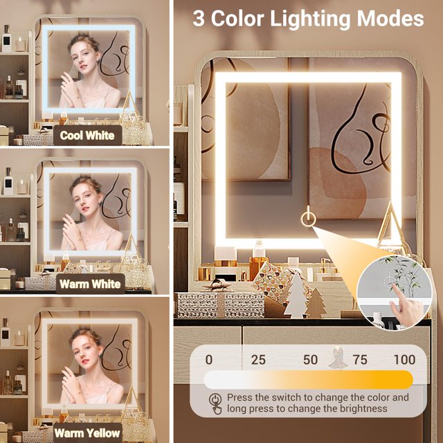 GloryStar Vanity Desk with LED Light Mirror and Charging Station - Spacious Tabletop with 2 Drawers and Open Shelf, Hidden Storage Stool, 3-Mode Adjustable LED Lighting